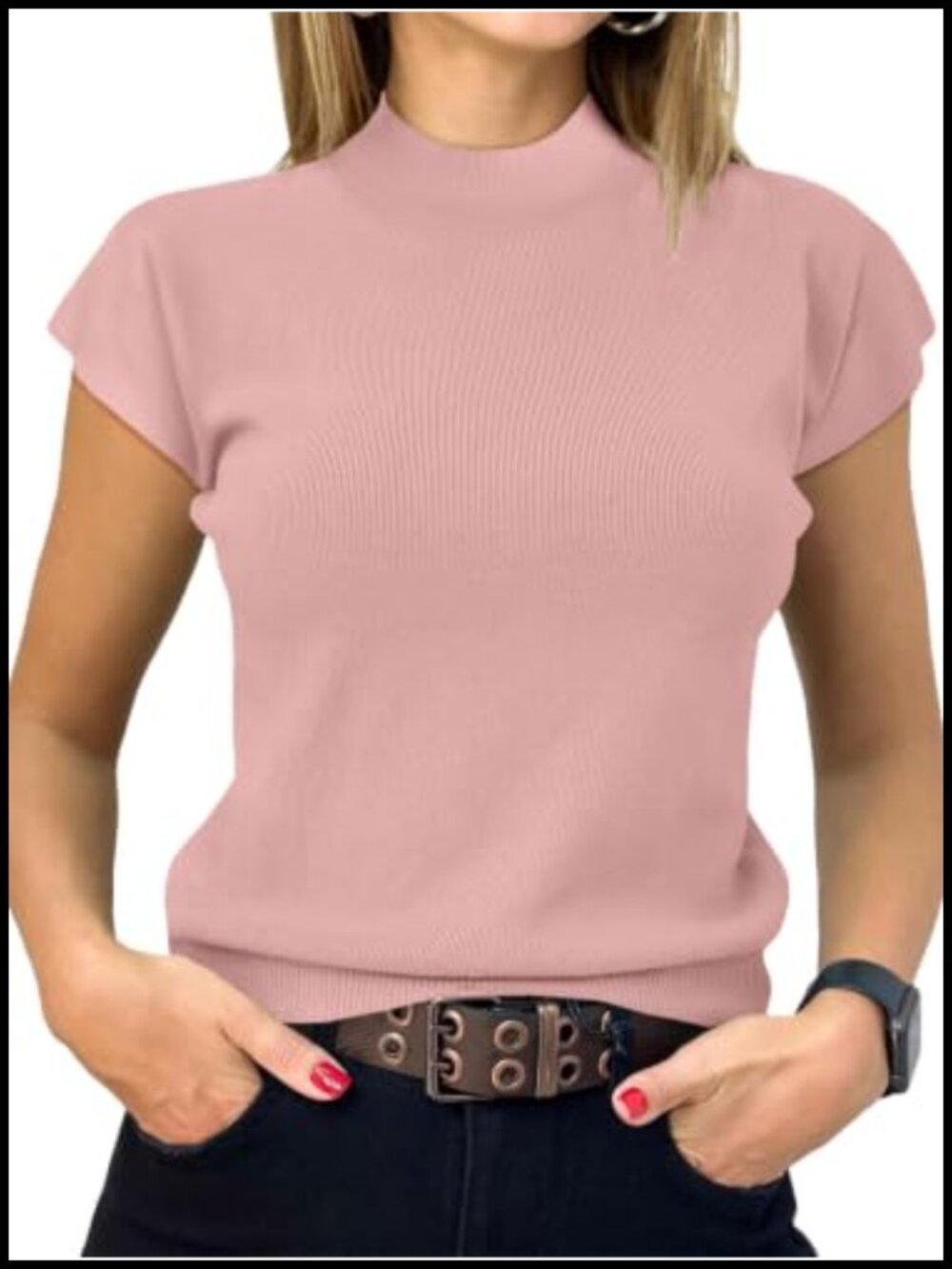 Women's Short Sleeve Mock Neck Sweater - Soft Rayon Knit Pullover